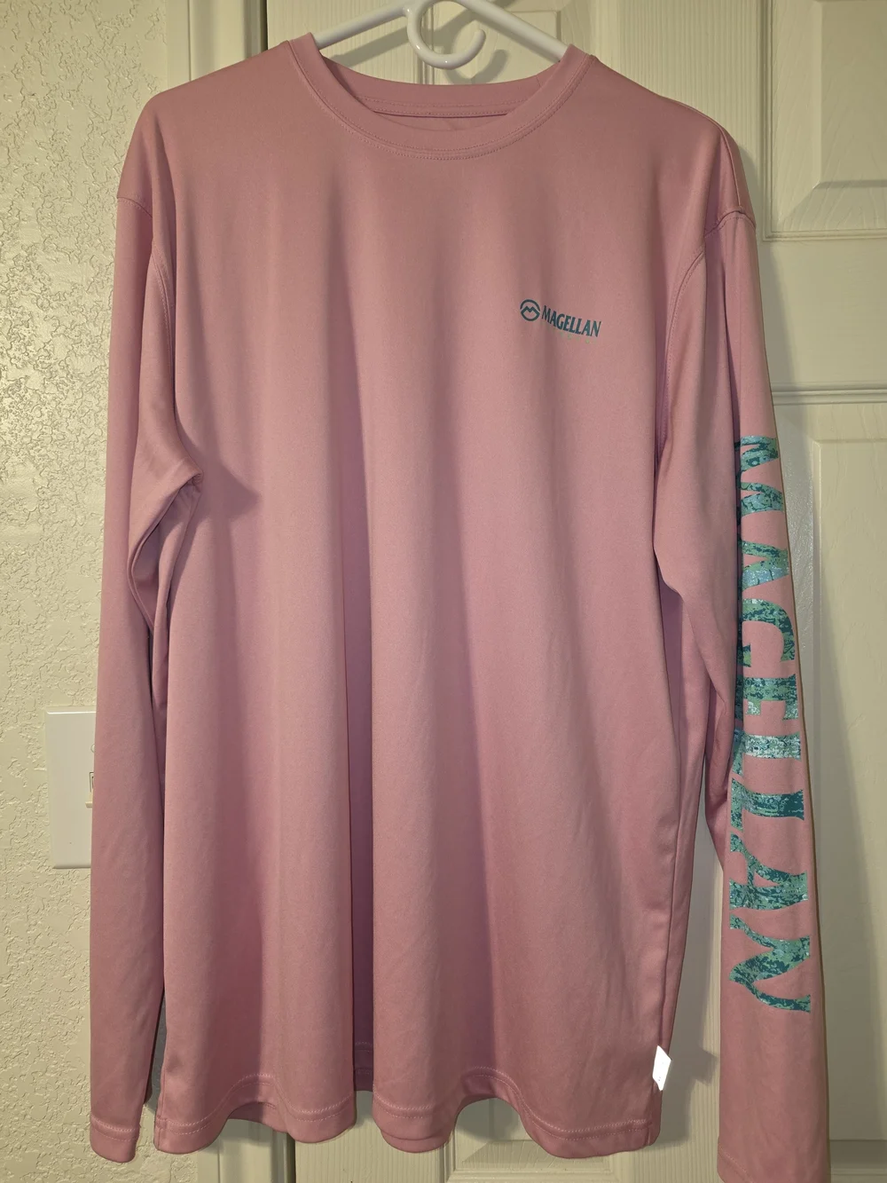 Magellan Outdoors Men's Long Sleeve Swim Shirt - Pink with Teal Sleeve Logo